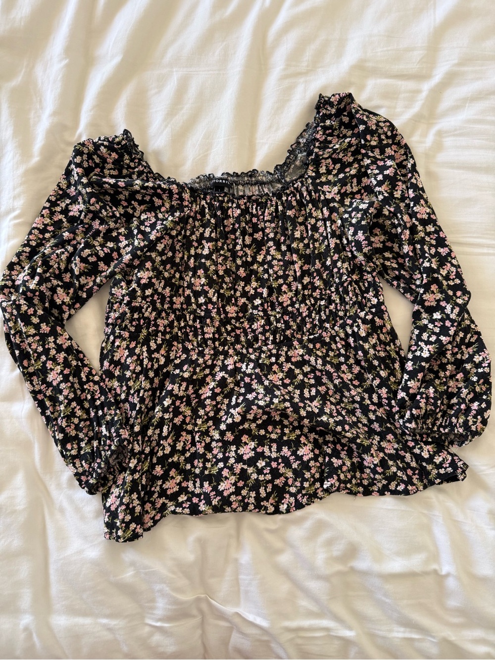 torrid Black Floral Smocked Peasant Blouse with Pink Accents